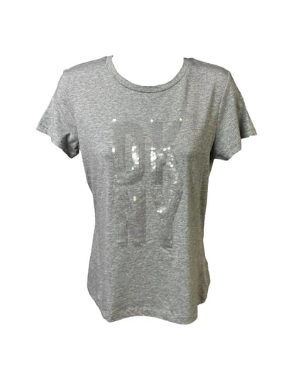 DKNY Womens Gray Sequined Logo Graphic Short Sleeve Crew Neck T-Shirt M