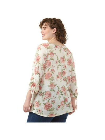 STATUS BY CHENAULT Womens Ivory Stretch Floral V Neck Top Plus 1X
