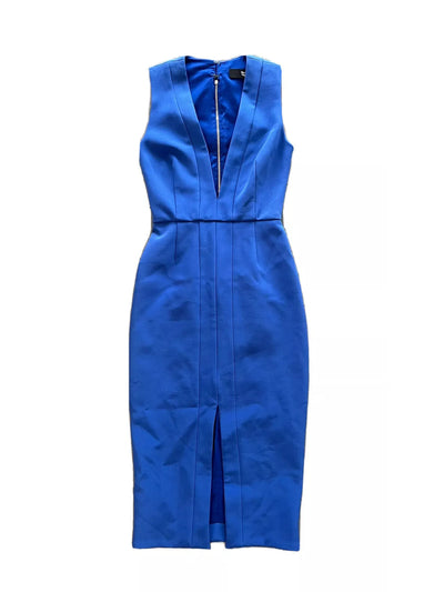 NICHOLAS Womens Blue Zippered Slitted Seamed Front Lined Sleeveless V Neck Above The Knee Party Sheath Dress 2