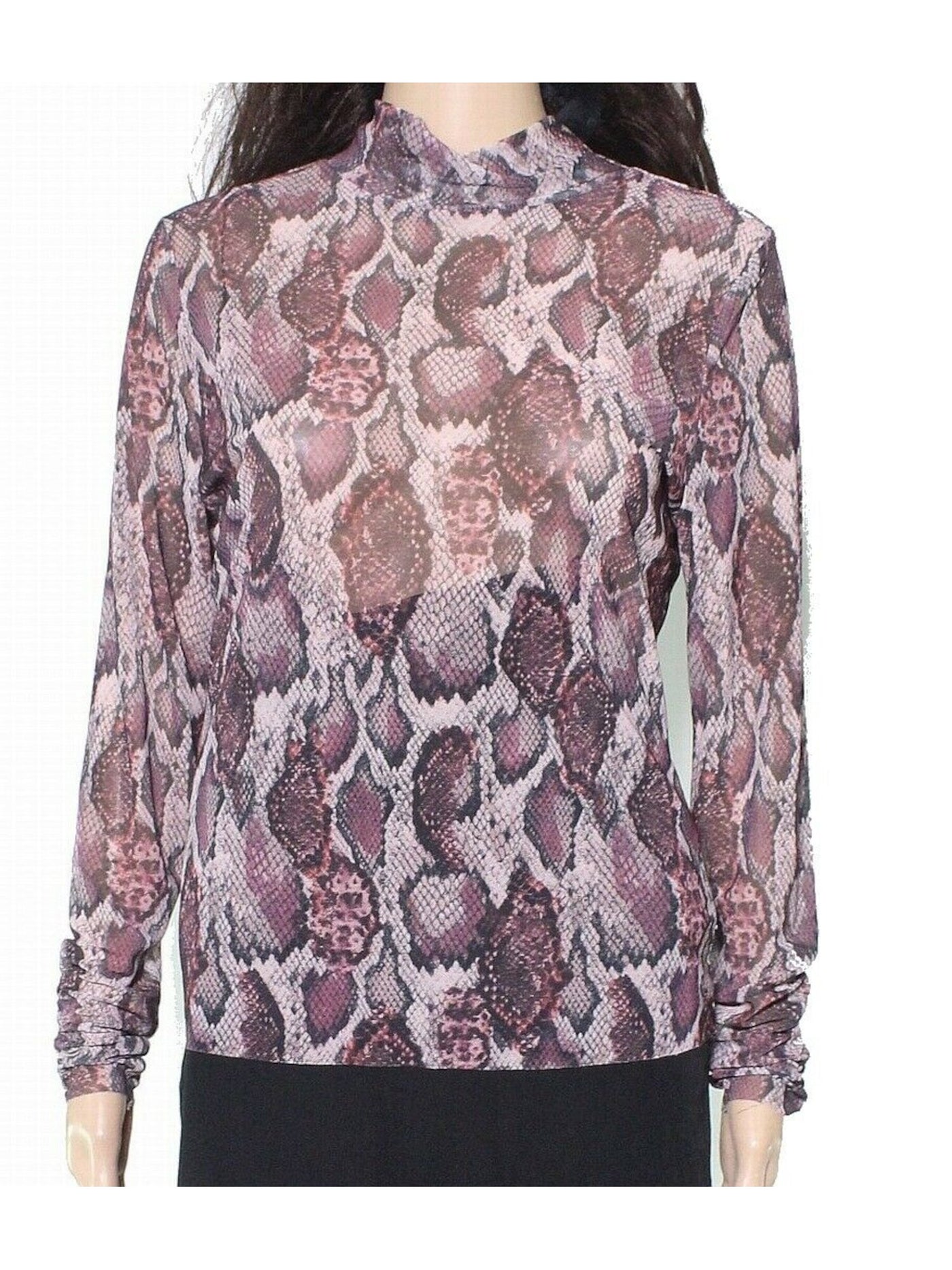T.D.C. Womens Brown Fitted Sheer Animal Print Long Sleeve Mock Neck Top L