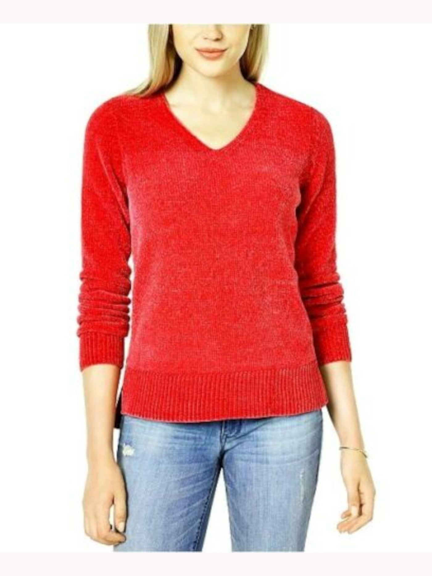MAISON JULES Womens Red Long Sleeve V Neck Hoodie Sweater S