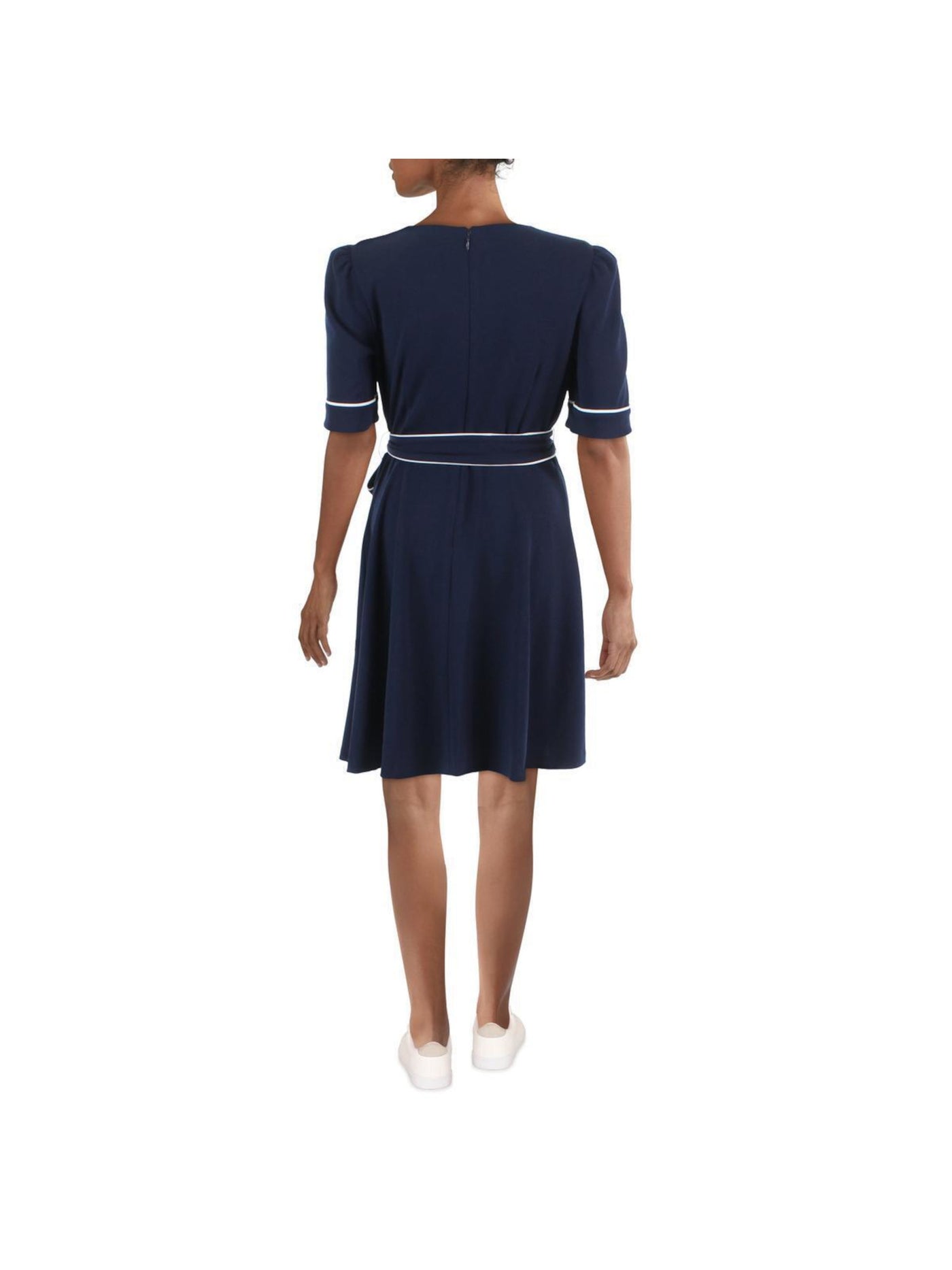 DKNY Womens Navy Zippered Belted Lined Piped Elbow Sleeve Crew Neck Above The Knee Wear To Work Fit + Flare Dress 6