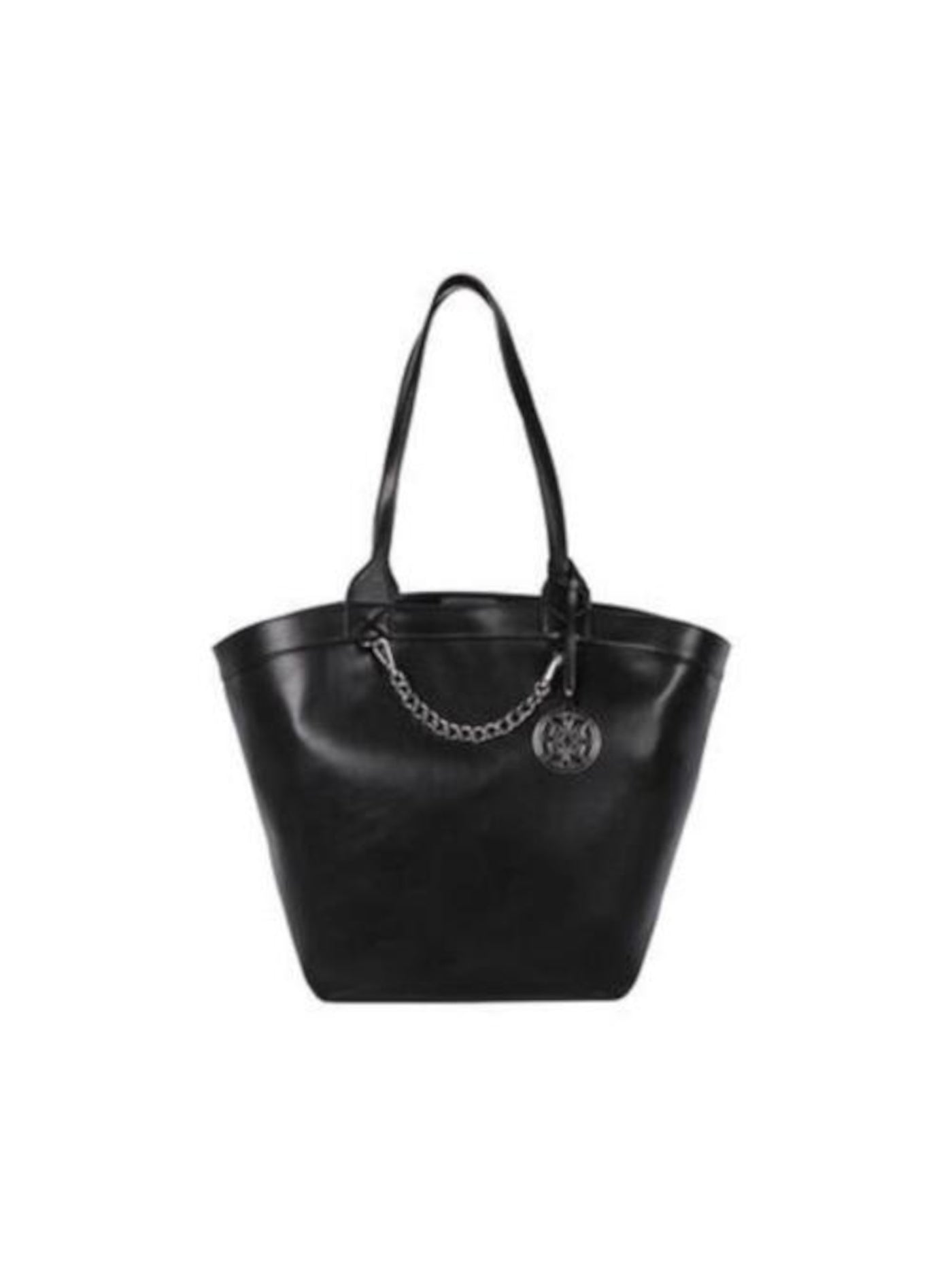 CIRCUS BY SAM EDELMAN Women's Black Canyon Solid Faux Leather Chain Detail Embossed Logo Double Flat Strap Tote Handbag Purse