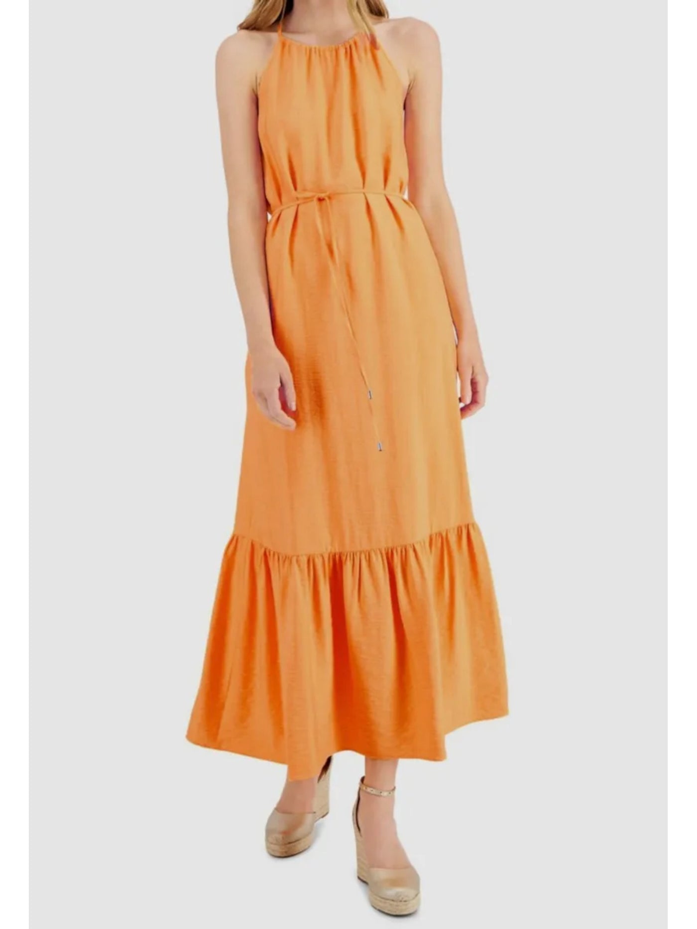 INC DRESSES Womens Orange Ruched Belted Tie Keyhole Back Tiered Hem Sleeveless Halter Maxi Shift Dress 12