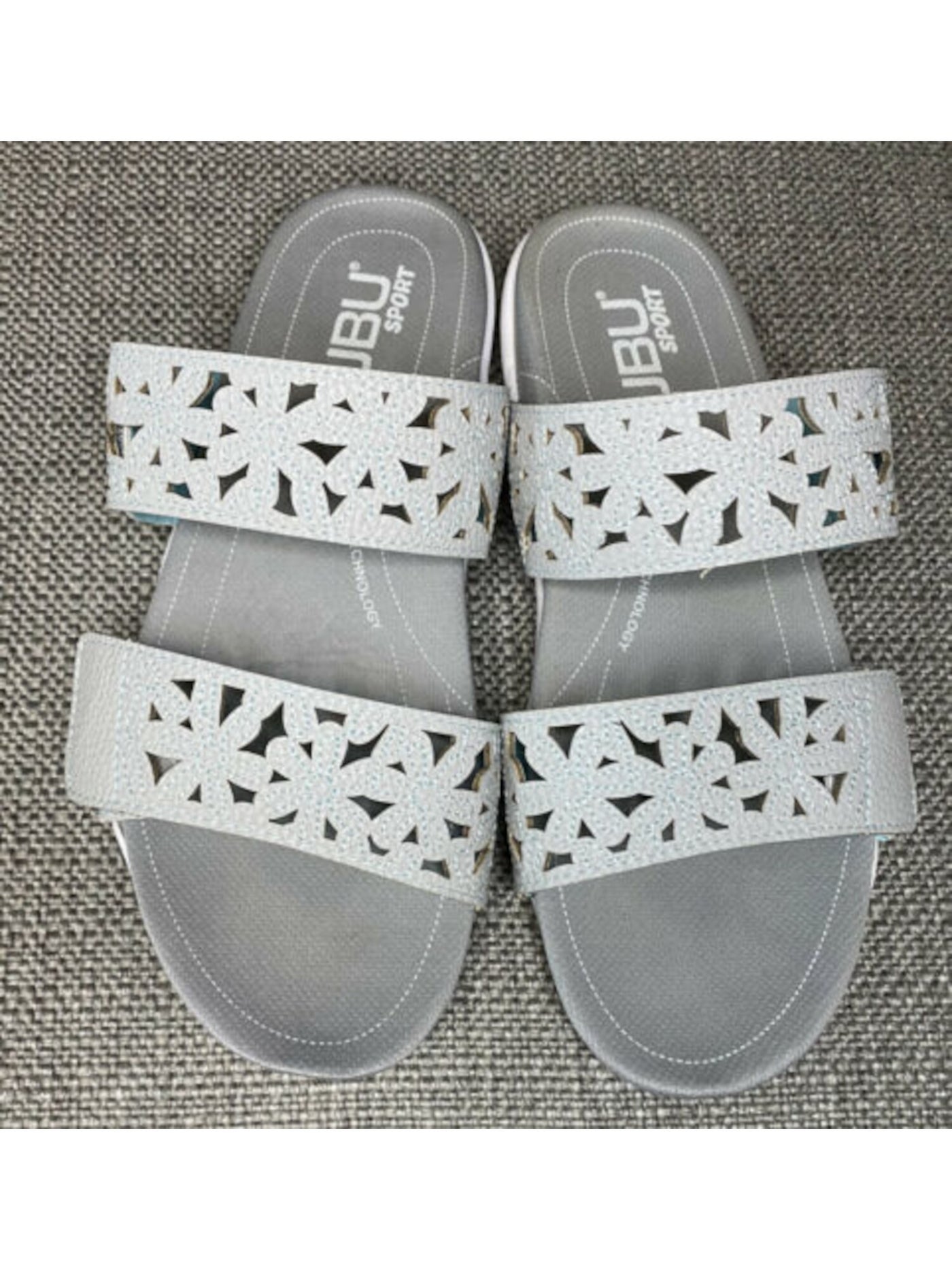 JBU SPORT Womens Gray Floral Two Strapped Perforated Non-Slip Padded Wildflower Round Toe Wedge Slide Sandals Shoes 7 M
