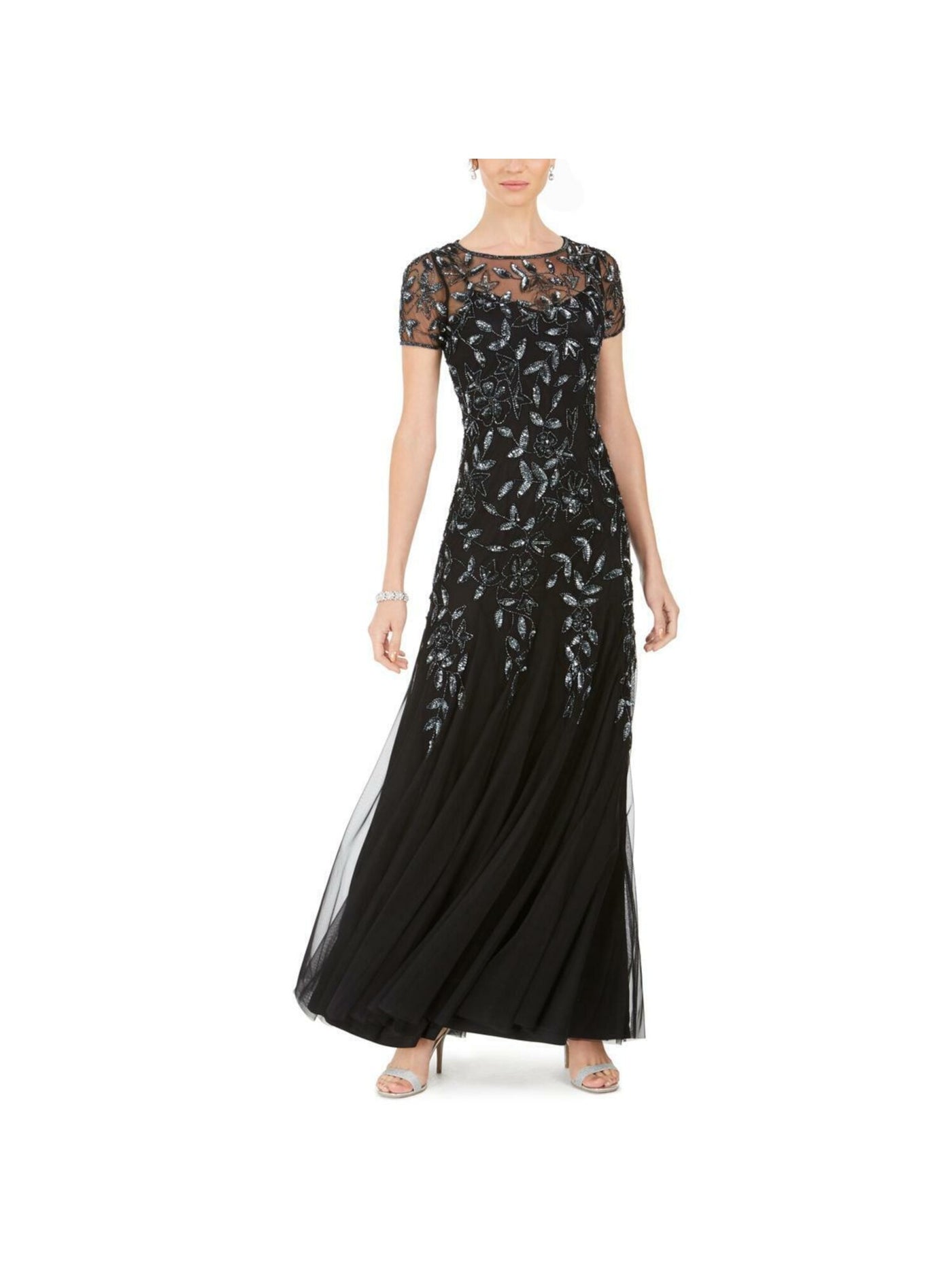 ADRIANNA PAPELL Womens Sequined Rhinestone Mesh Short Sleeve Illusion Neckline Full-Length Evening Fit + Flare Dress