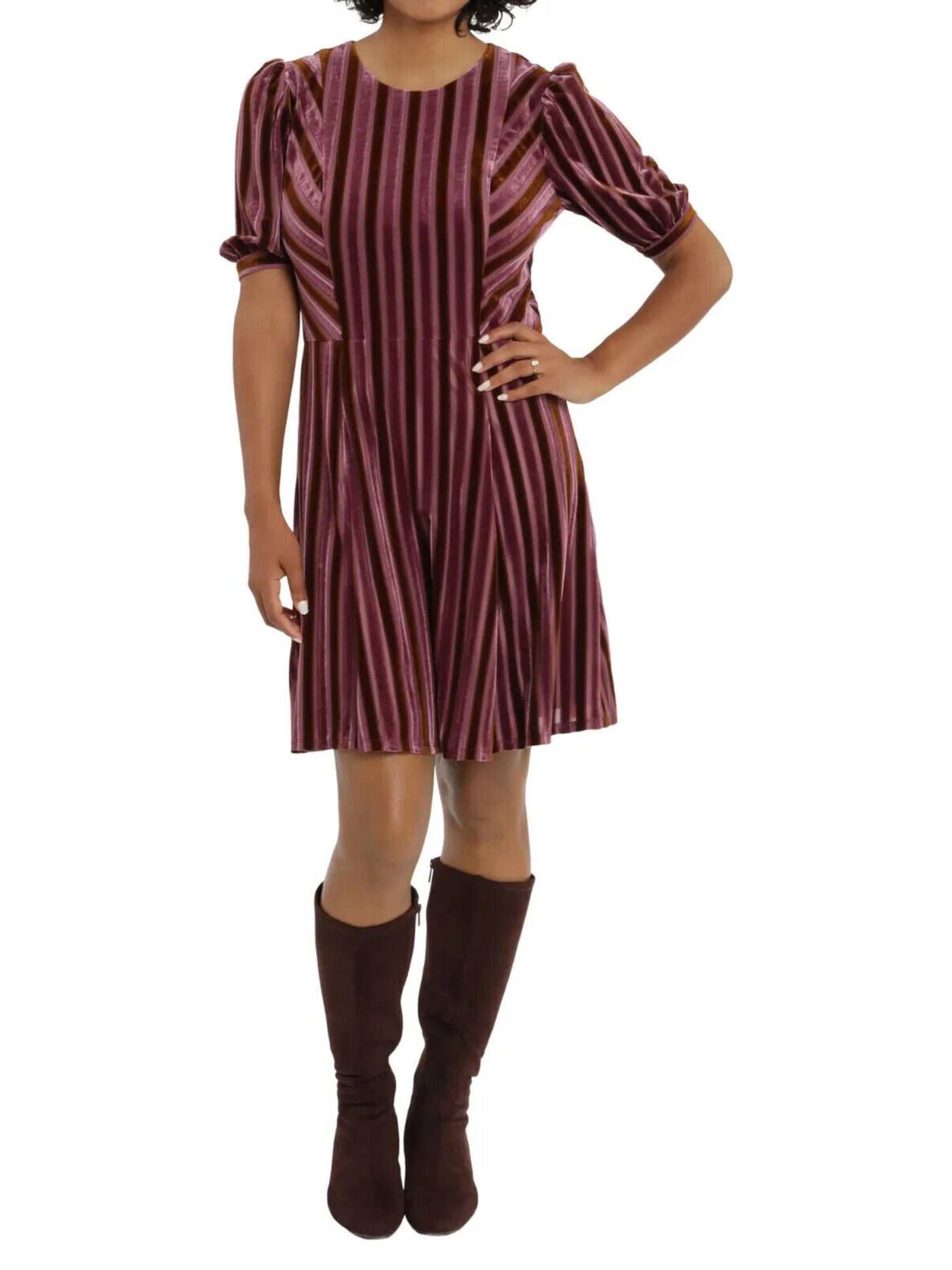 LONDON TIMES Womens Brown Stretch Zippered Lined Striped Pouf Sleeve Jewel Neck Above The Knee Party Fit + Flare Dress 6