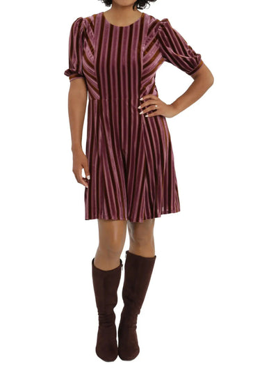 LONDON TIMES Womens Purple Stretch Zippered Lined Striped Pouf Sleeve Jewel Neck Above The Knee Party Fit + Flare Dress 12