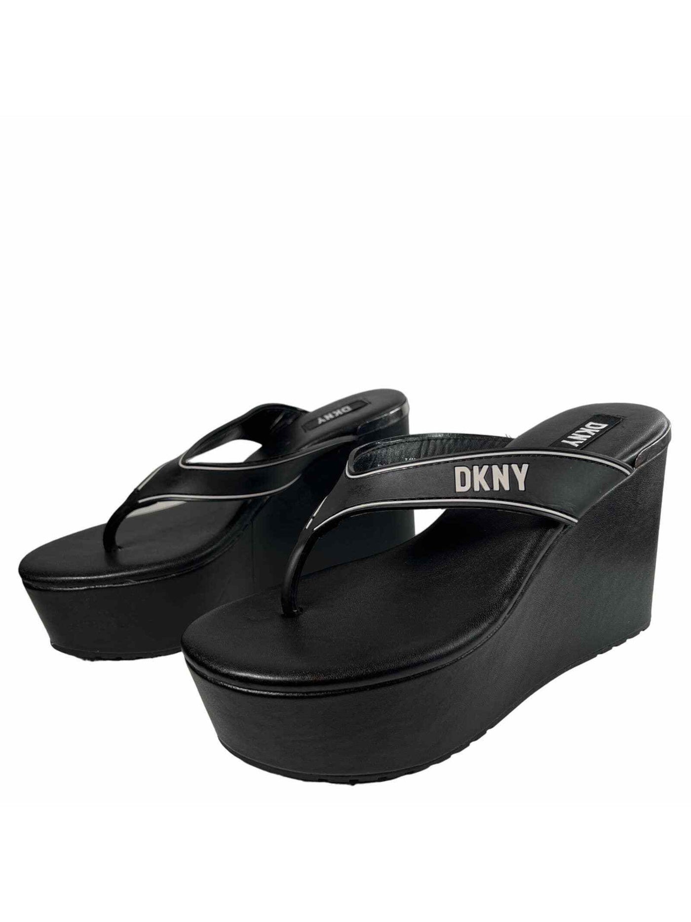 DKNY Womens Black 2" Platform Comfort Logo Trina Round Toe Wedge Slip On Thong Sandals Shoes 6 M