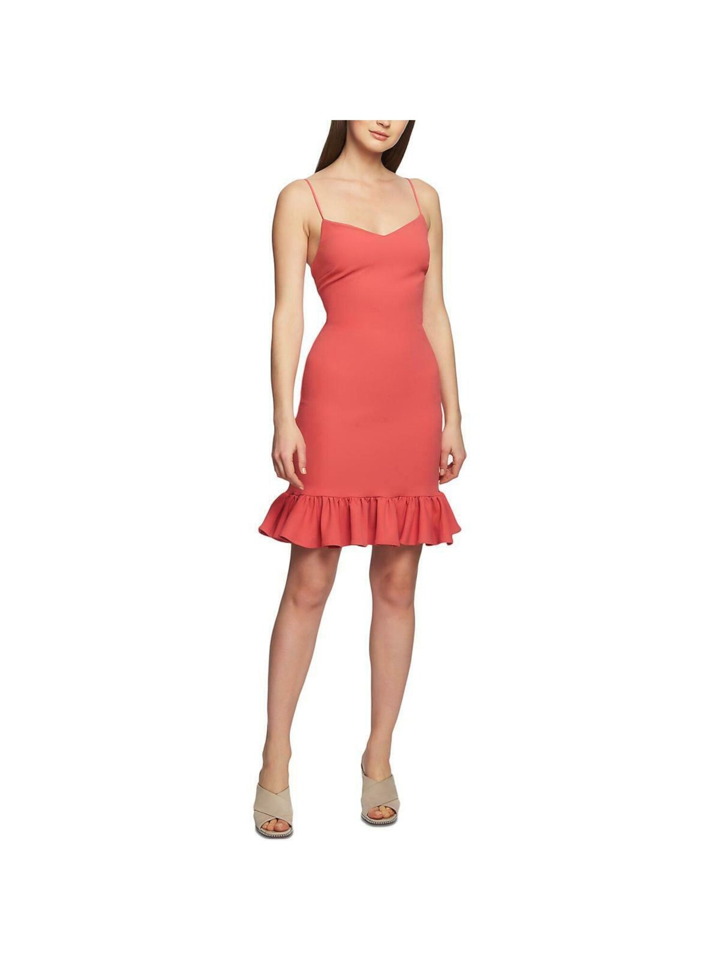 1. STATE Womens Coral Ruffled Spaghetti Strap V Neck Short Evening Body Con Dress 6