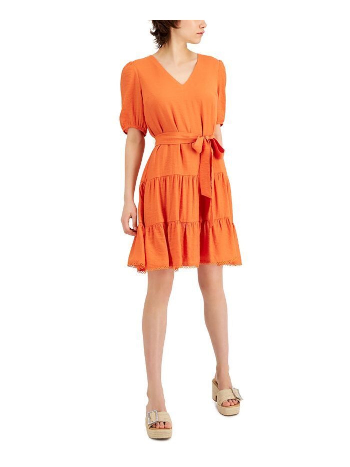 INC DRESSES Womens Orange Zippered Textured Tie Belt Lined Tie V Back Tiered Pouf Sleeve V Neck Above The Knee Fit + Flare Dress S