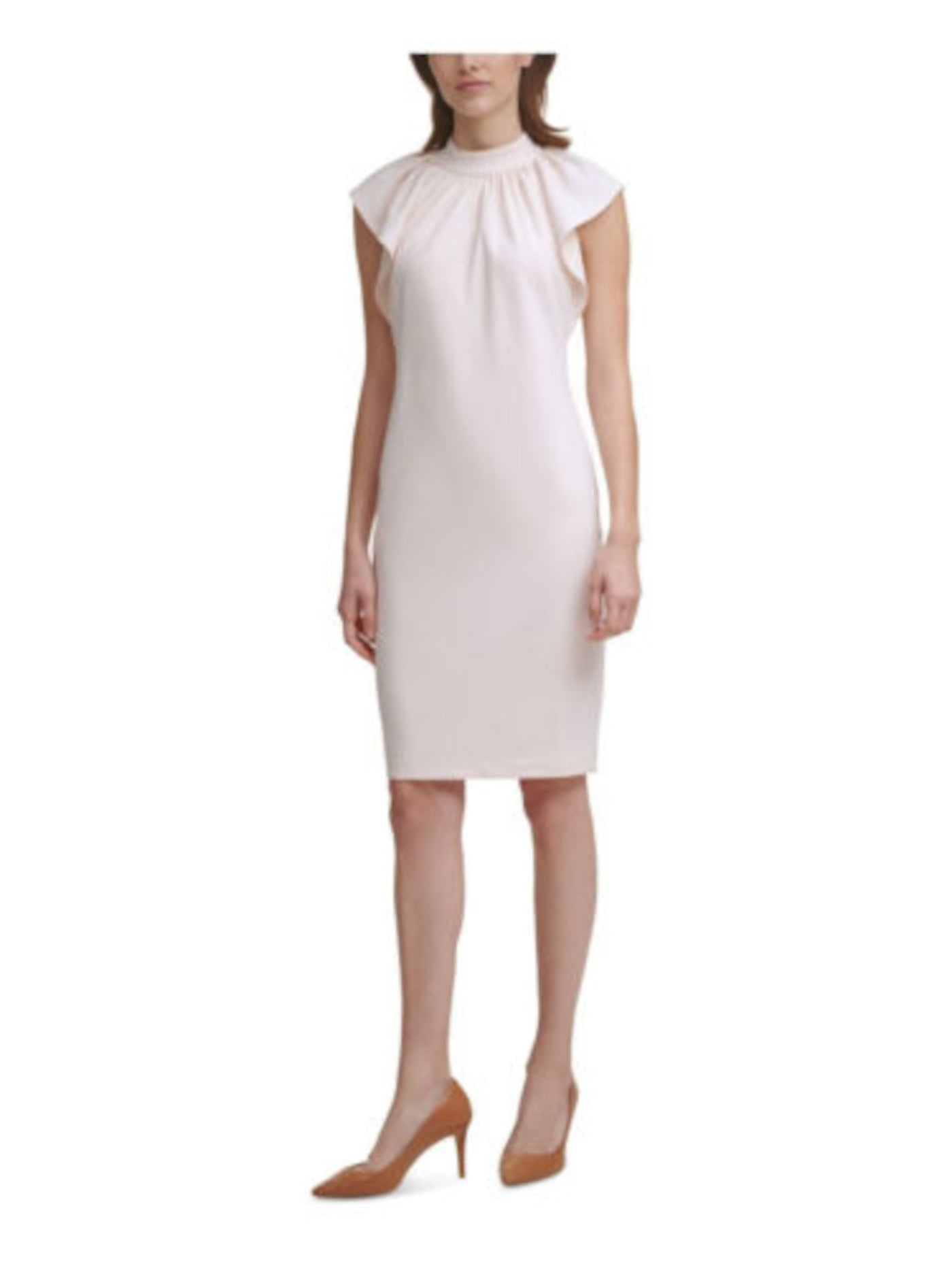 CALVIN KLEIN Womens Ivory Stretch Ruched Zippered Ruffle Cap Sleeves Mock Neck Above The Knee Wear To Work Sheath Dress 10