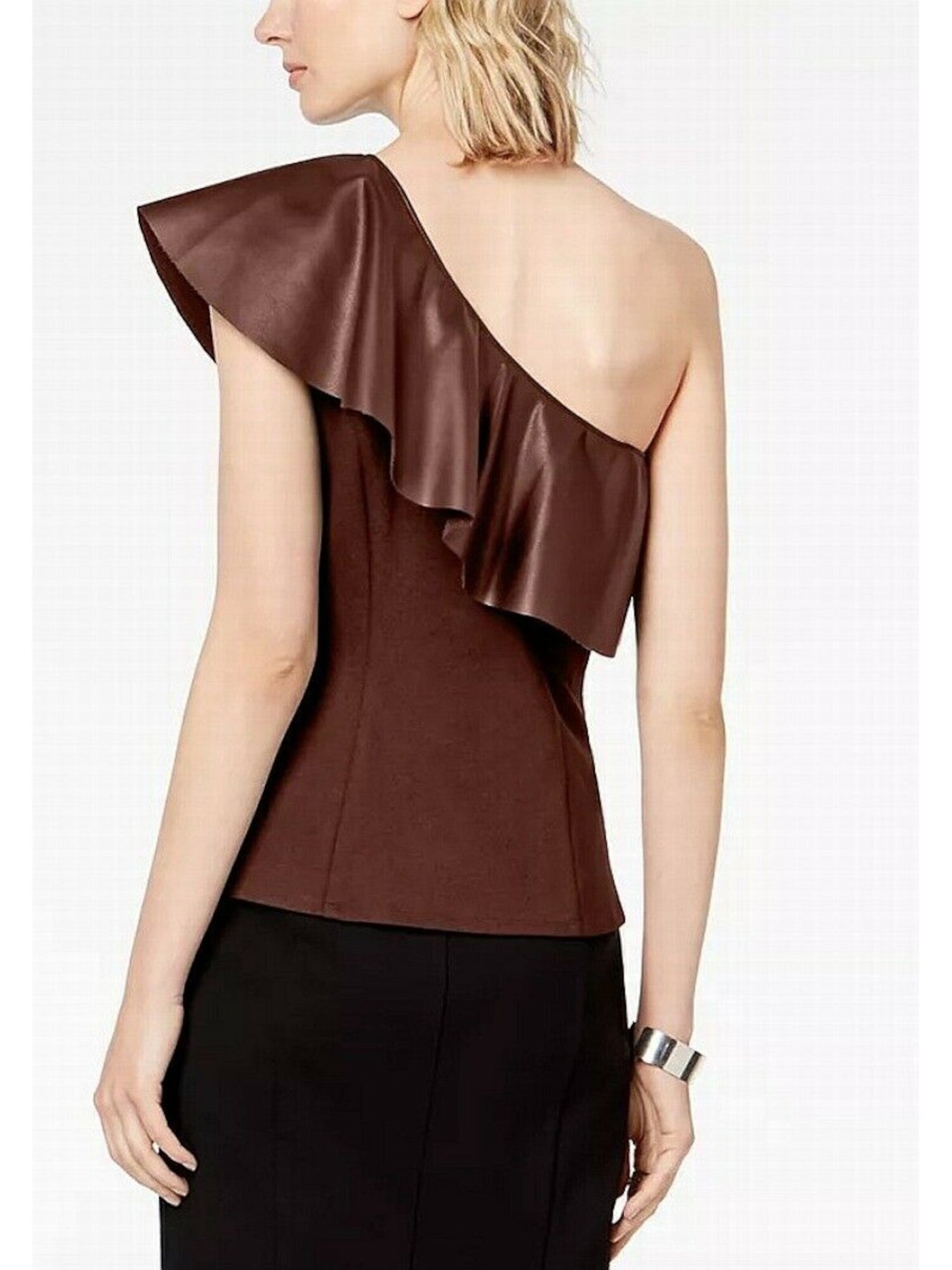 INC Womens Faux Leather Ruffled One Shoulder Sleeveless Asymmetrical Neckline Top