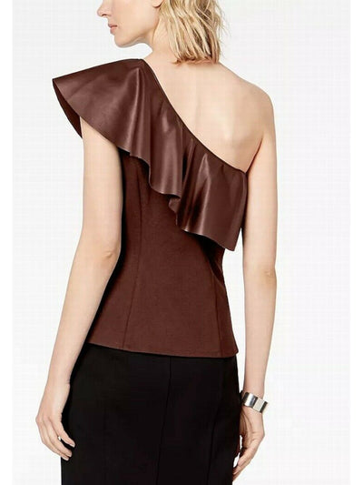 INC Womens Brown Faux Leather Ruffled One Shoulder Sleeveless Asymmetrical Neckline Top S
