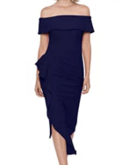 BETSY & ADAM Womens Navy Zippered Ruffled Pleated Asymmetrical Hem Padded Short Sleeve Off Shoulder Tea-Length Cocktail Sheath Dress 6