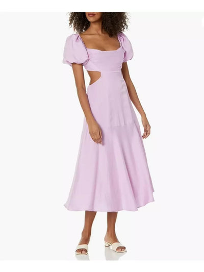 ASTR Womens Purple Cut Out Ruched Elastic Back Zippered Lined Pouf Sleeve Sweetheart Neckline Midi Party Fit + Flare Dress M