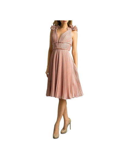 Basix Womens Pink Pleated Bows Added On Straps Spaghetti Strap V Neck Below The Knee Evening Fit + Flare Dress 10