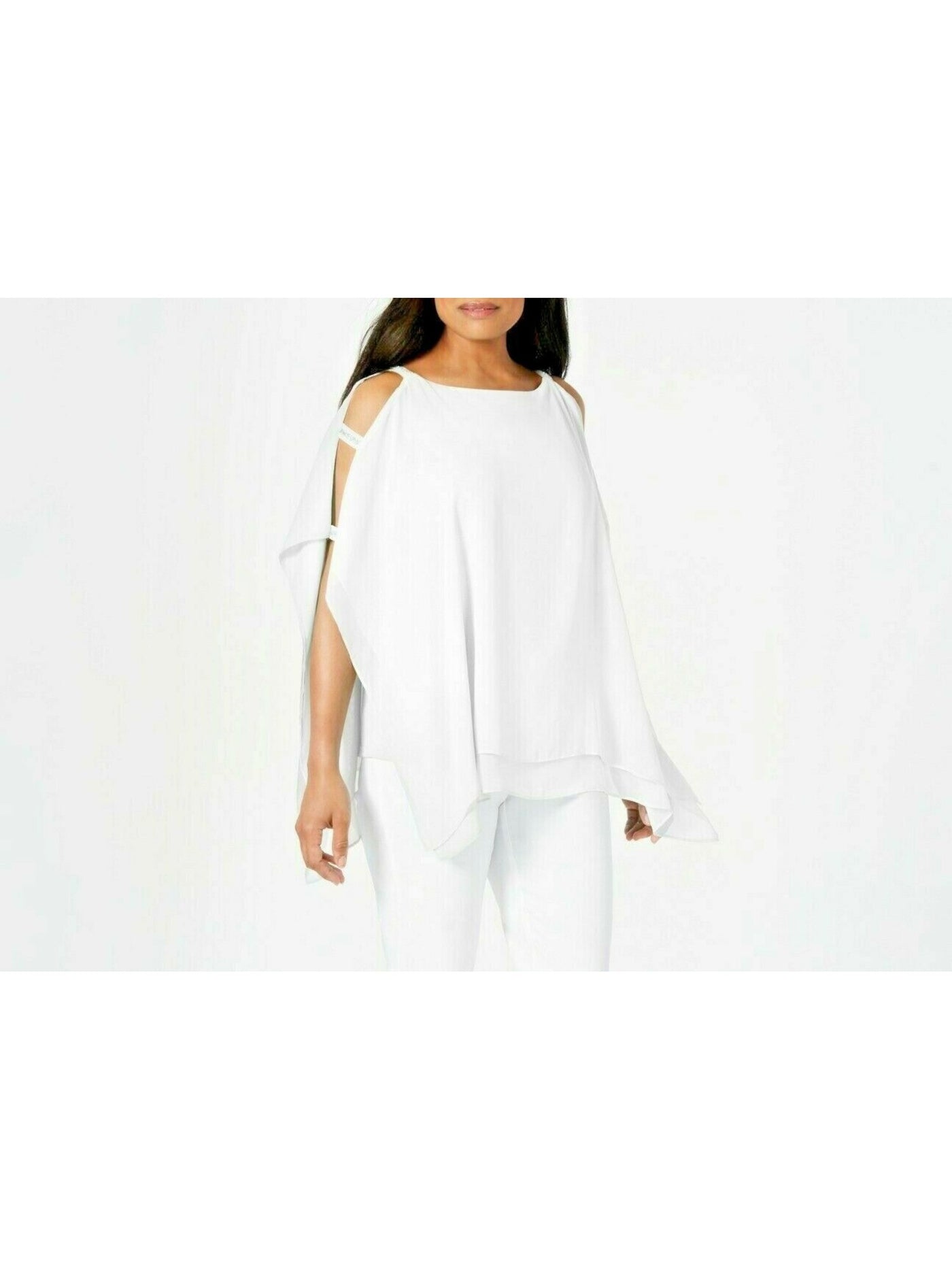 JM COLLECTION Womens White Embellished Cut Out Layered 3/4 Sleeve Boat Neck Cocktail PONCHO Top S