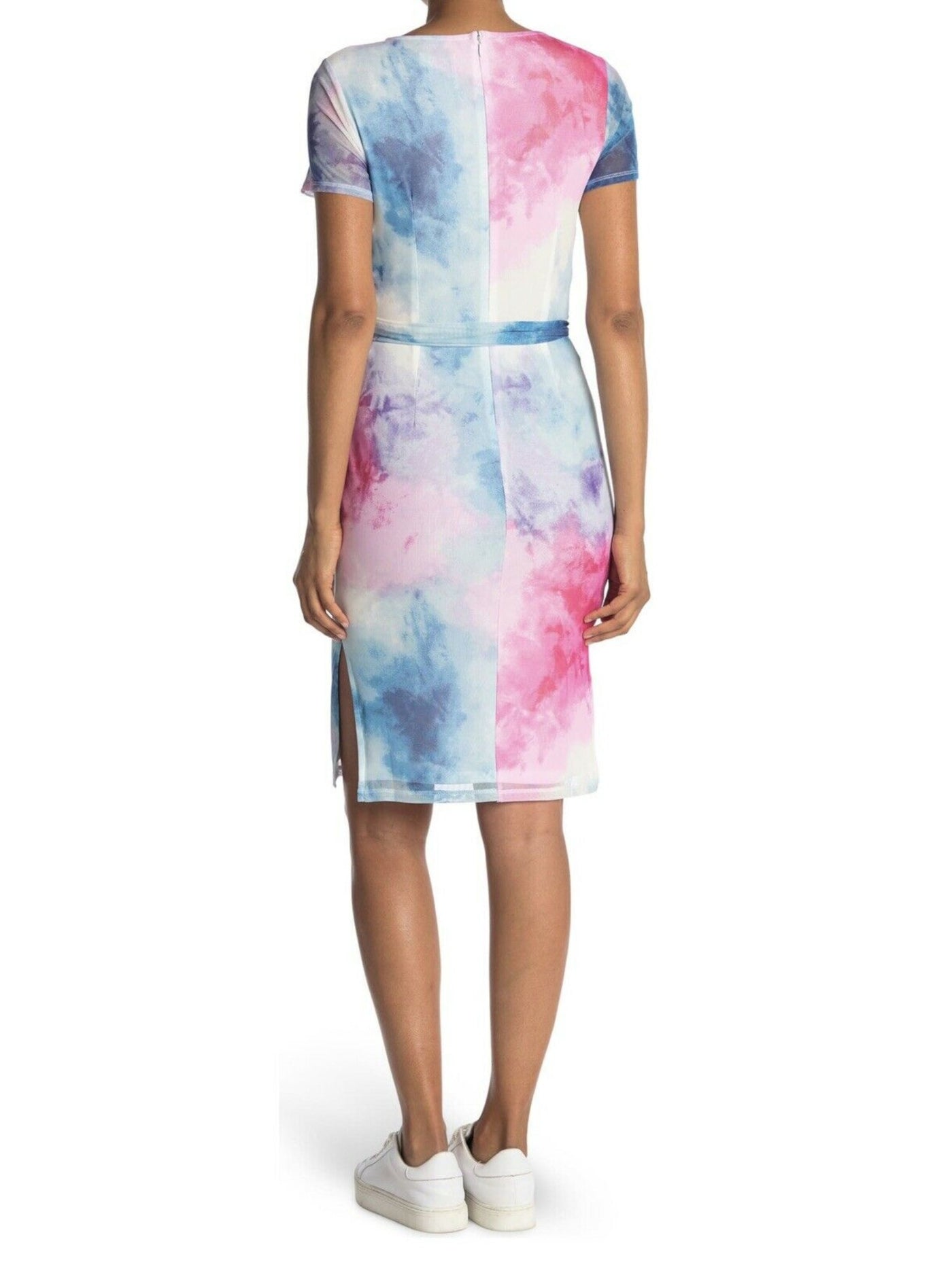 SAGE COLLECTIVE Womens Blue Belted Tie Dye Short Sleeve Knee Length Sheath Dress 2