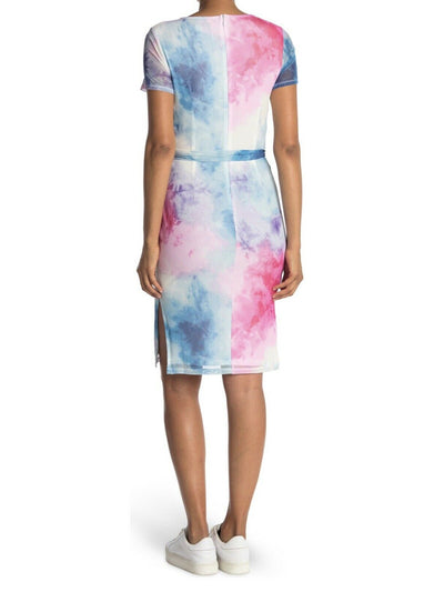 SAGE COLLECTIVE Womens Blue Belted Tie Dye Short Sleeve Knee Length Sheath Dress 2