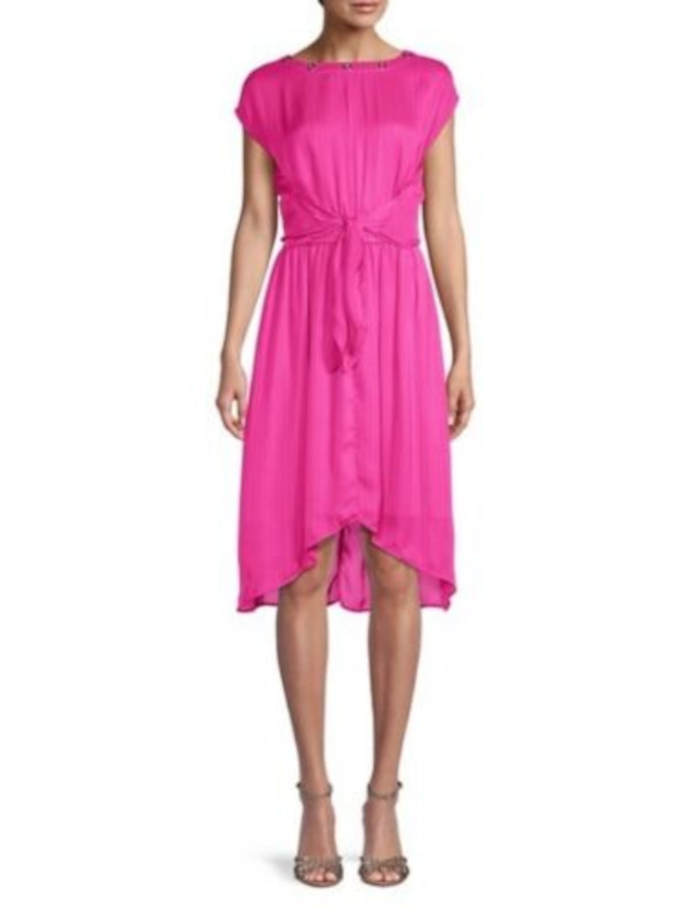 MICHAEL KORS Womens Pink Tie Sheer Keyhole Closure Grommets Hi-lo Cap Sleeve Round Neck Below The Knee Wear To Work Fit + Flare Dress XL