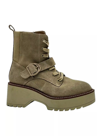 AQUA COLLEGE Womens Beige 1-1/2" Platform Heel Pull-Tab Lace Up Goring Waterproof Buckle Accent Slip Resistant Gecko Round Toe Block Heel Zip-Up Booties 6 M