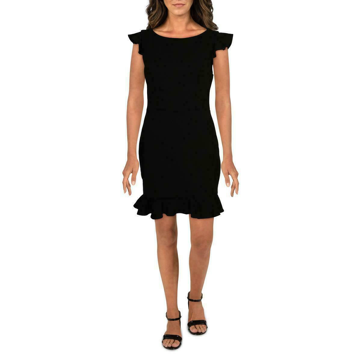 B DARLIN Womens Black Ruffled Flutter Sleeve Jewel Neck Short Sheath Dress Juniors 9\10