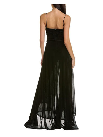 DONNA KARAN NEW YORK Womens Black Zippered Lined Ruched Padded Slit Spaghetti Strap V Neck Full-Length Evening Gown Dress 4