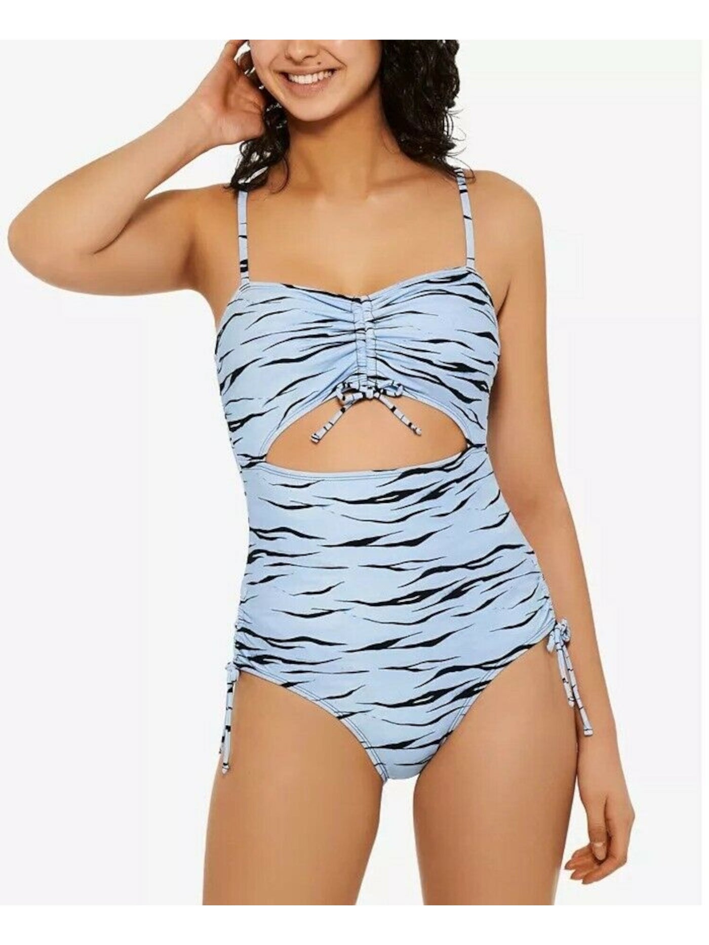 HULA HONEY Women's Light Blue Animal Print Stretch Moderate Coverage Adjustable Wild Cat One Piece Swimsuit M