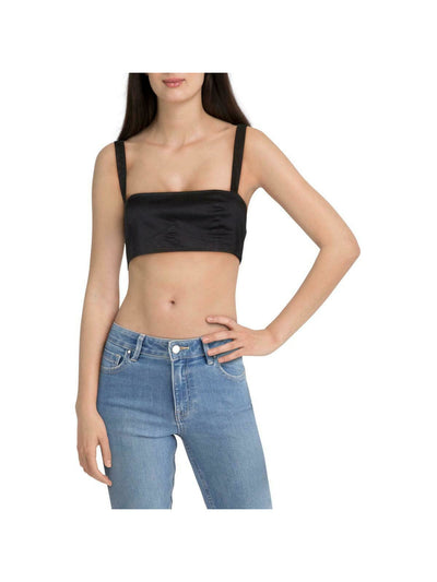 DANIELLE BERNSTEIN Womens Black Poplin Zippered Fitted Poplin Sleeveless Square Neck Crop Top 10