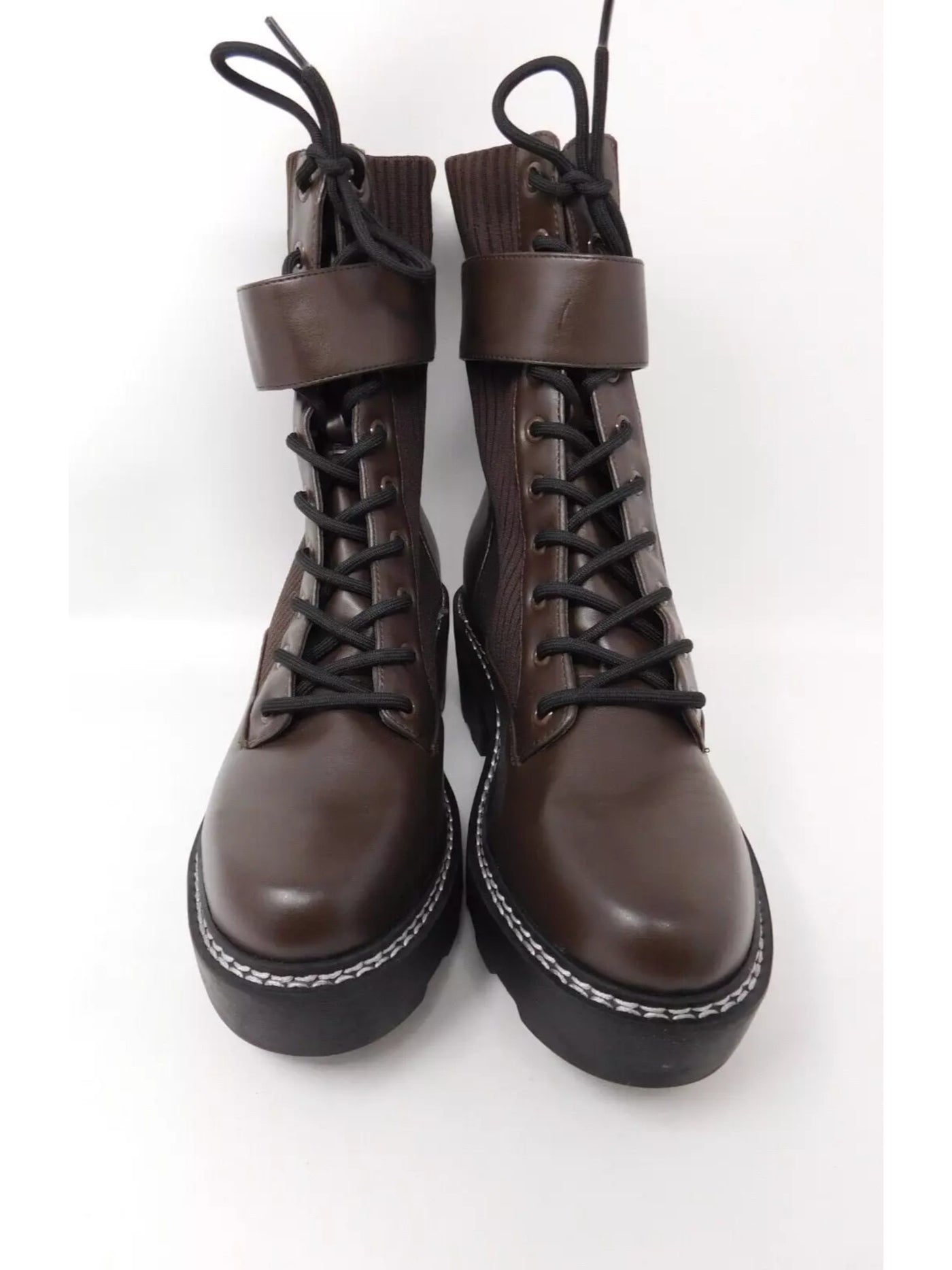 CALVIN KLEIN Womens Brown Mixed Media Hook And Loop Strap Logo Hardware 1" Platform Treaded Stretch Padded Arabel2 Almond Toe Lace-Up Combat Boots 10 M