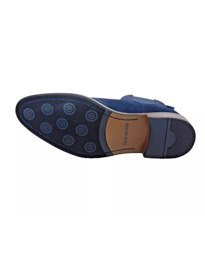 STEVE MADDEN Mens Navy Back Pull-Tab Goring Padded Bronn Almond Toe Block Heel Slip On Leather Chelsea Boot M