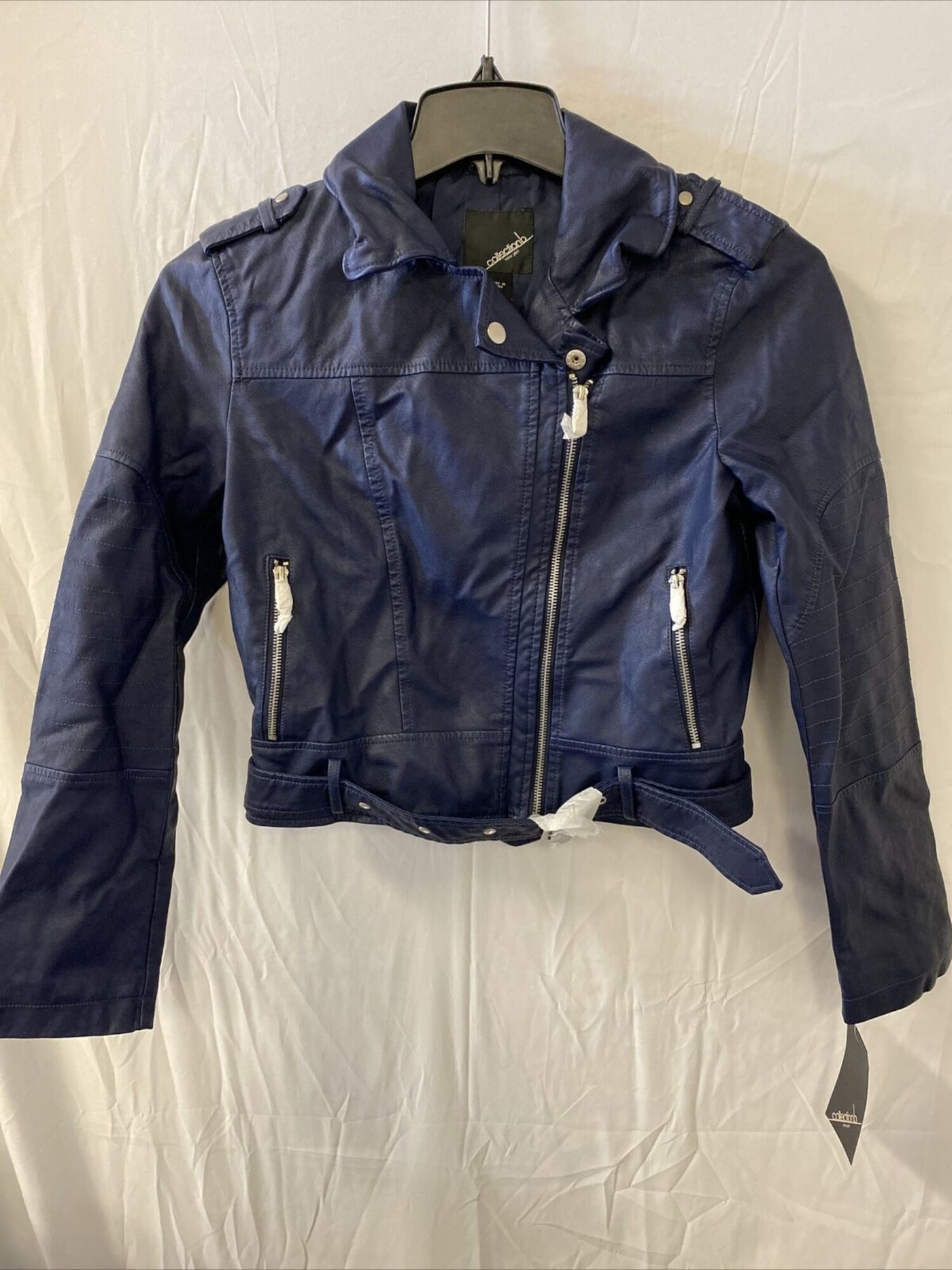 COLLECTIONB Womens Blue Faux Leather Belted Motorcycle Coat Juniors M
