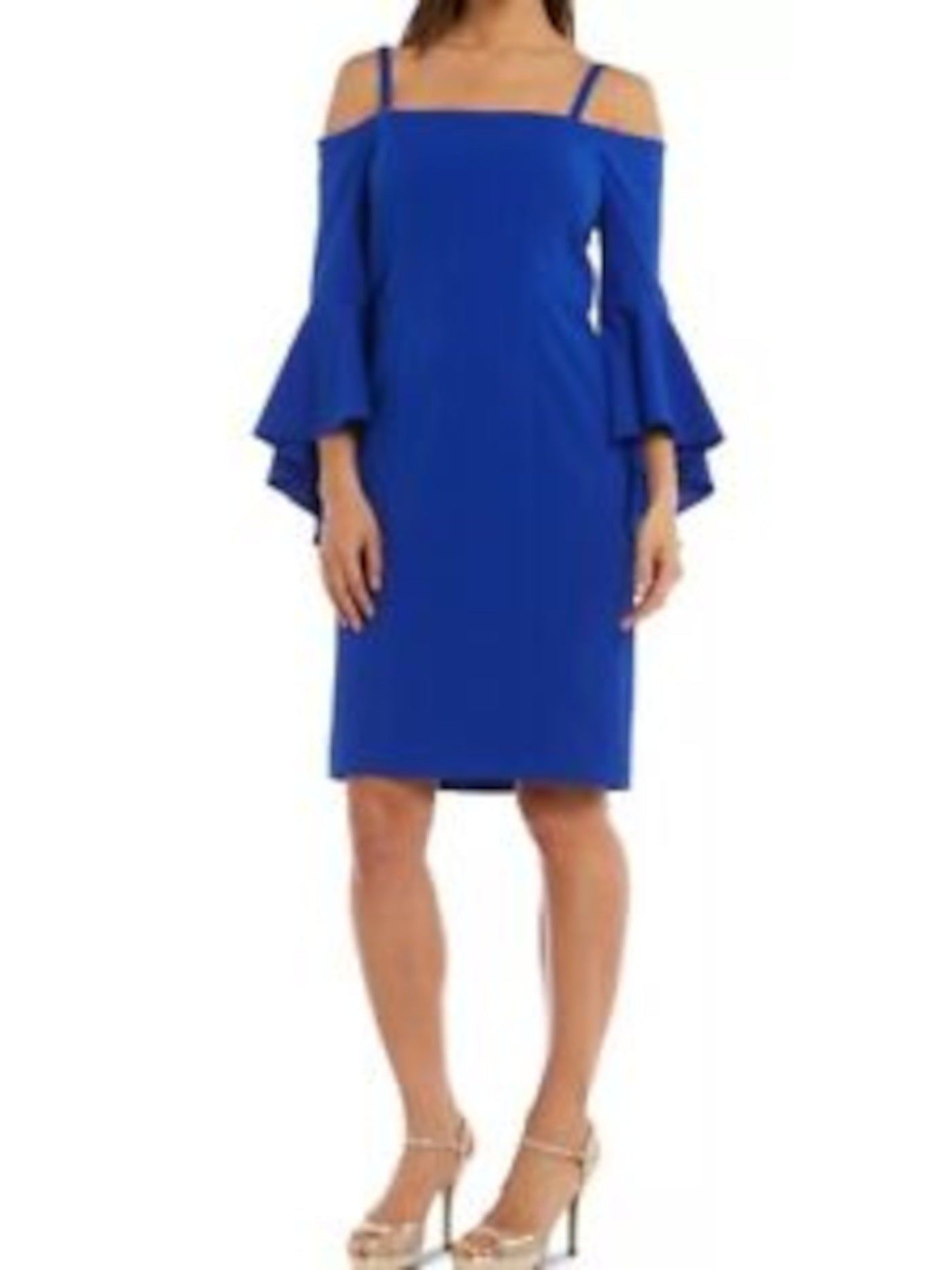 R&M RICHARDS Womens Blue Stretch Zippered Ruffled Removable Straps Bell Sleeve Off Shoulder Above The Knee Cocktail Sheath Dress 12