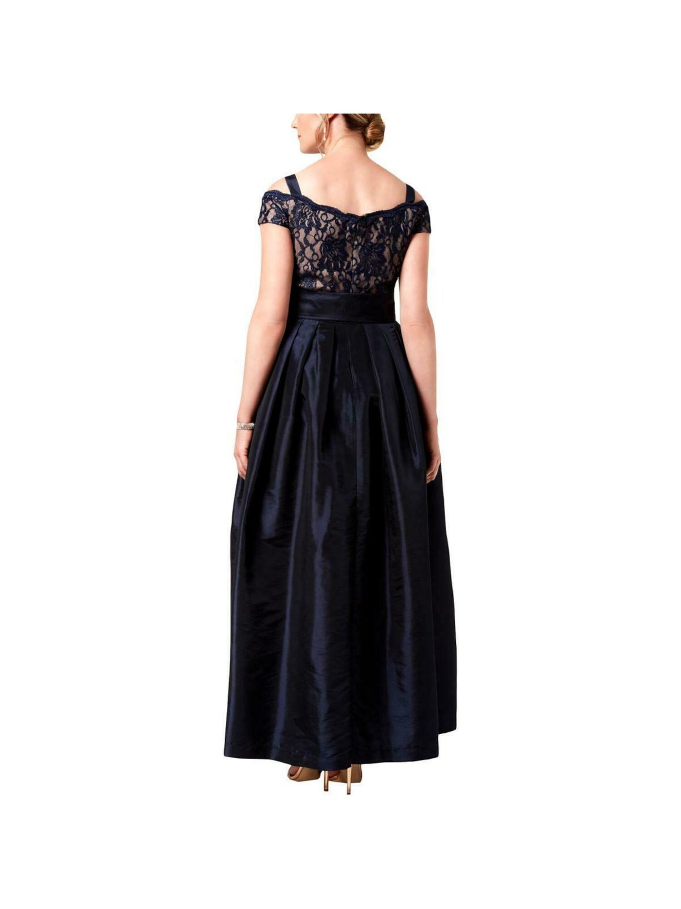 R&M RICHARDS Womens Navy Cold Shoulder Lace Floral Spaghetti Strap V Neck Full-Length Formal Blouson Dress 14