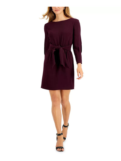 VINCE CAMUTO Womens Purple Smocked Pleated Self Tie Waist Scuba Crepe Butto 3/4 Sleeve Boat Neck Above The Knee Wear To Work Sheath Dress Petites 16P