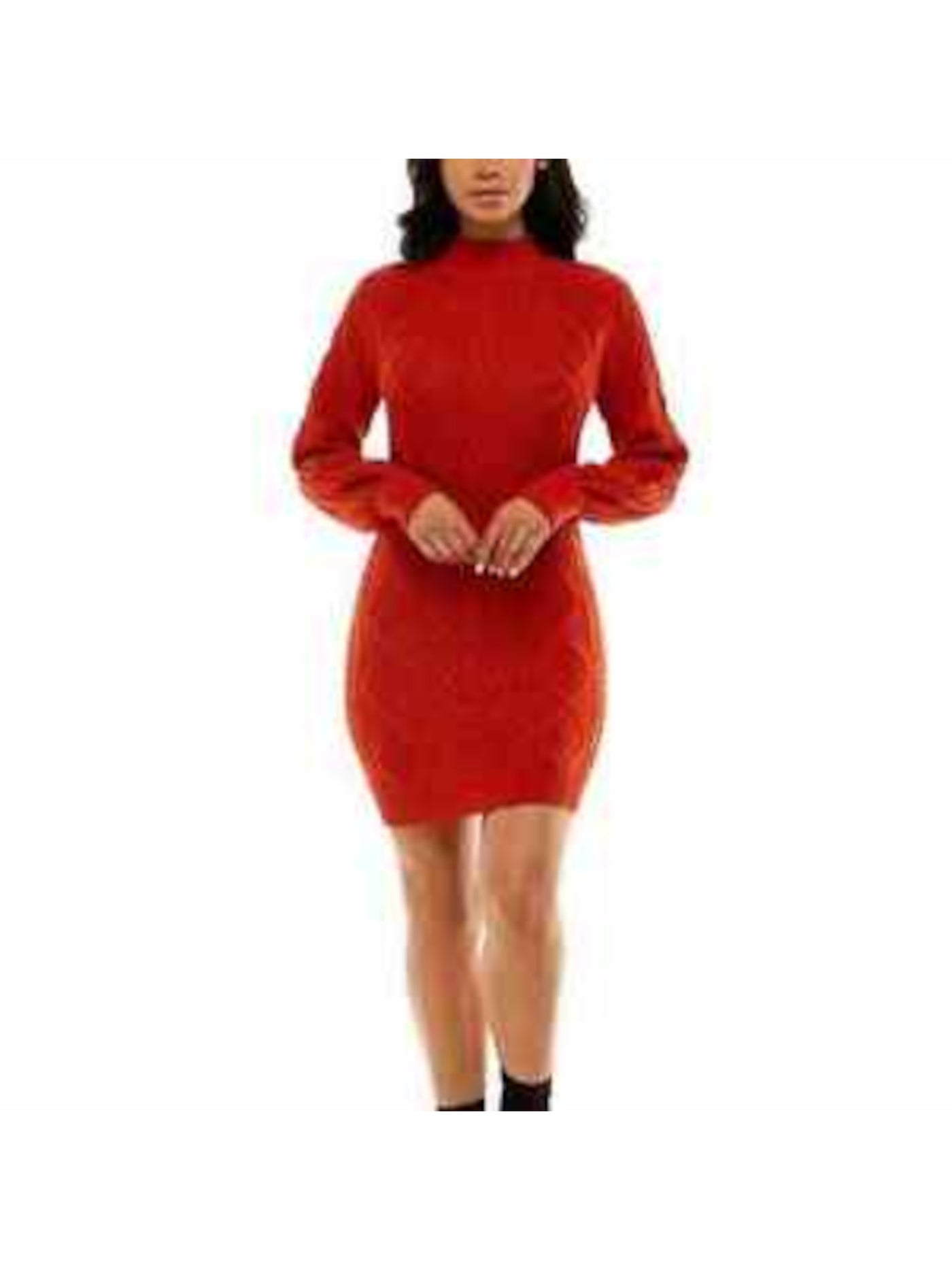 CRAVE FAME Womens Orange Balloon Sleeve Mock Neck Short Sweater Dress L