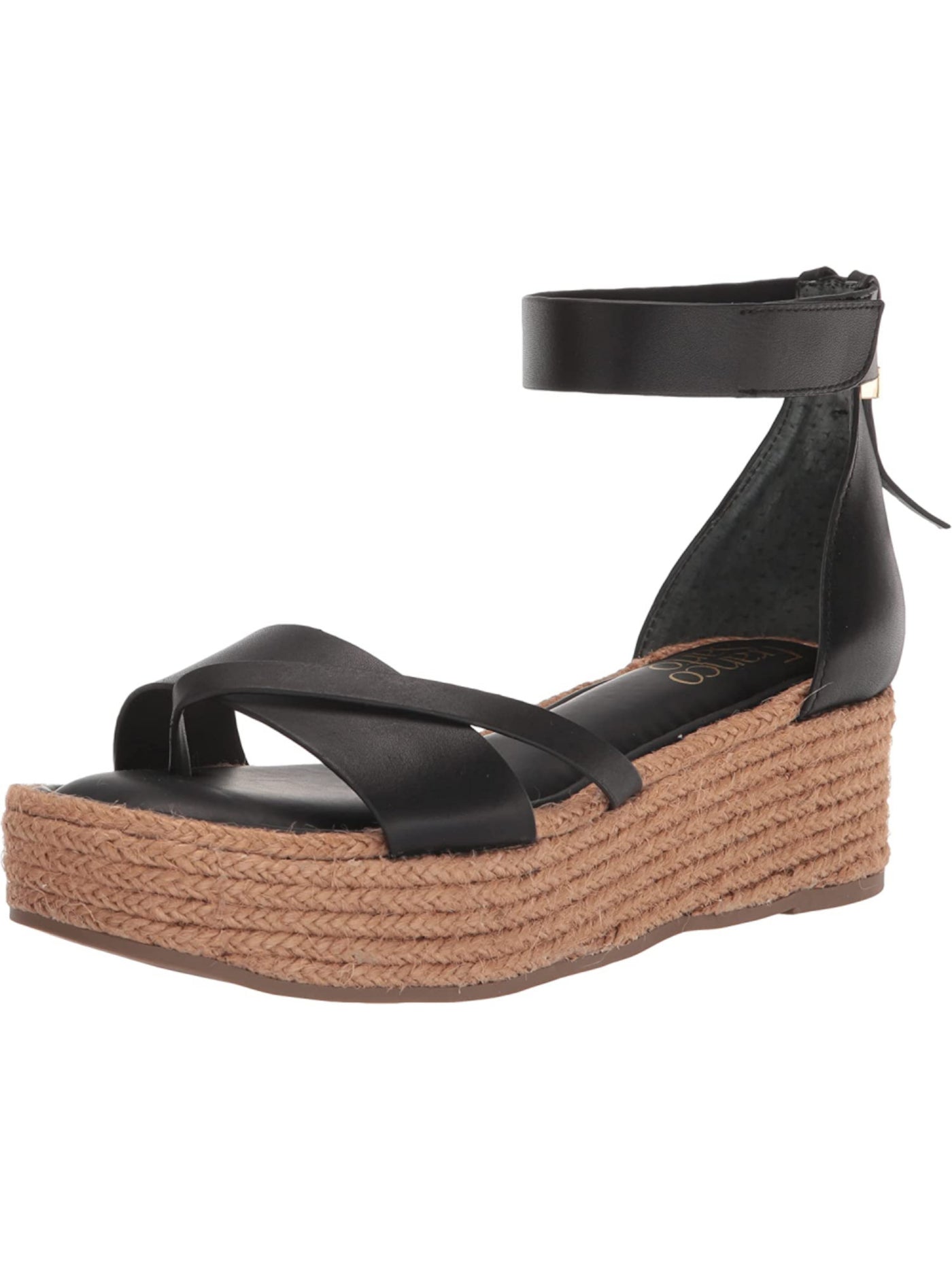 FRANCO SARTO Womens Black 1-1/2" Platform Ankle Strap Cushioned Verita Round Toe Wedge Leather Espadrille Shoes 9.5 M