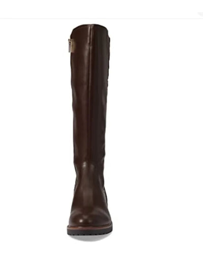 TOMMY HILFIGER Womens Brown Mixed Media Logo-Knit Back Padded Famian Almond Toe Block Heel Zip-Up Riding Boot 8.5 M