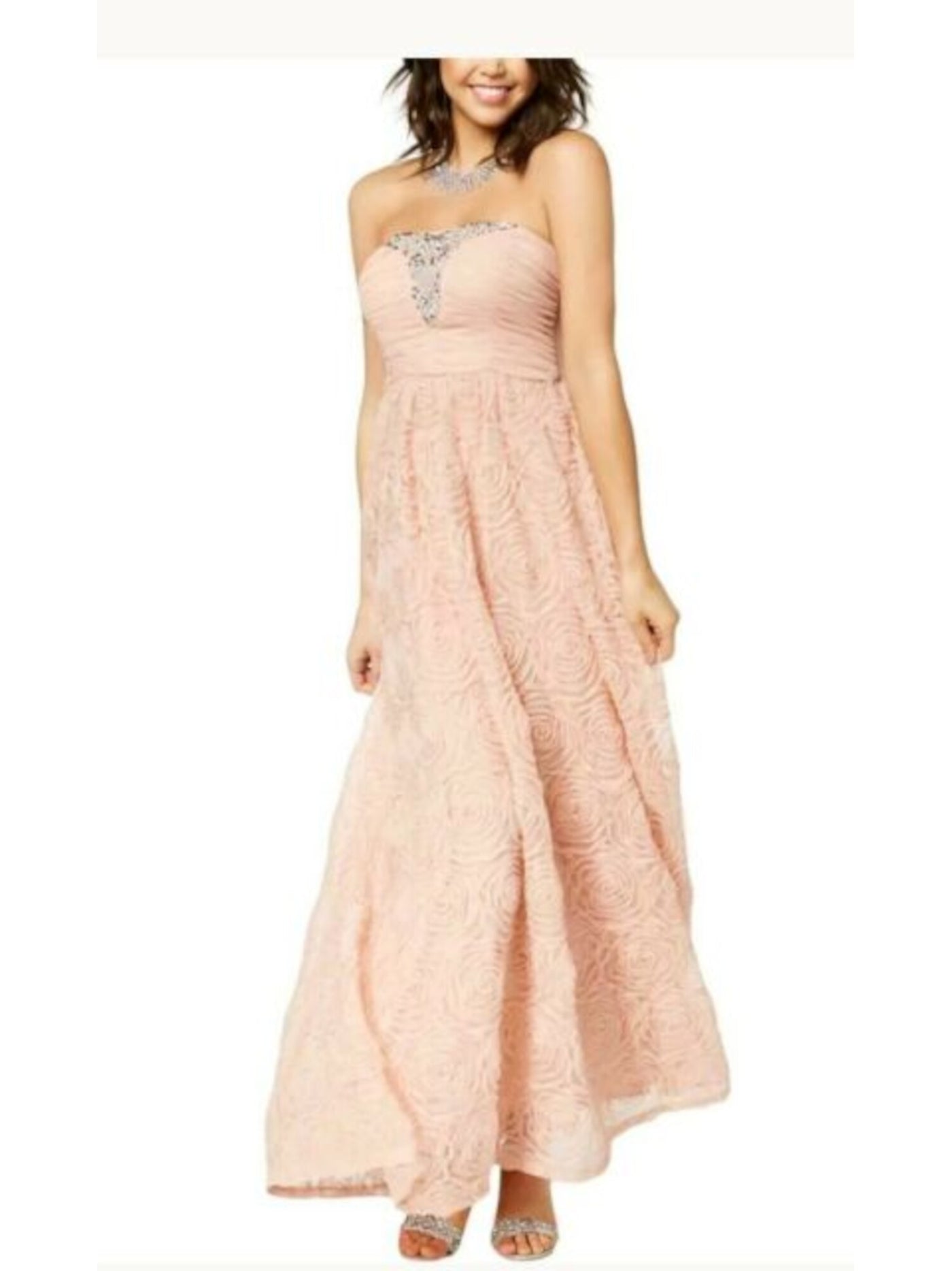 TRIXXI Womens Pink Stretch Embellished Ruched Pleated Molded Cups Zippered Sleeveless Strapless Full-Length  Gown Prom Dress Juniors 7