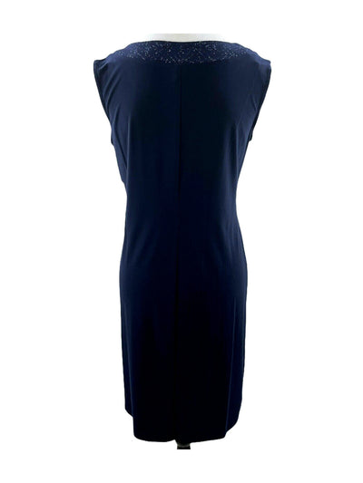R&M RICHARDS Womens Navy Sequined Pullover Sleeveless Jewel Neck Knee Length Wear To Work Sheath Dress 12