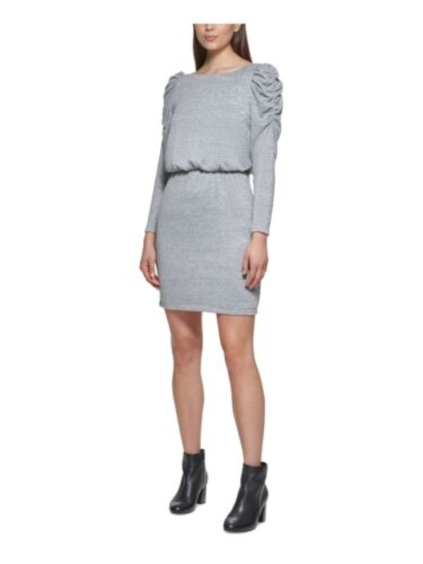 JESSICA HOWARD Womens Gray Knit Metallic Gathered Lined Pullover Darted Heather Pouf Sleeve Boat Neck Above The Knee Blouson Dress Plus 16W