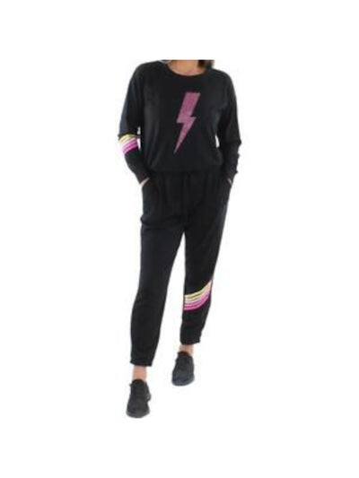 AVA & ESME Womens Black Graphic Top Drawstring Long Sleeve Lounge Pants Sweatsuit M