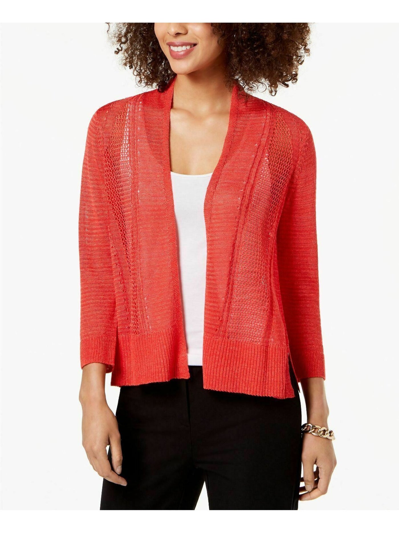 ALFANI Womens Red Open Stitching Long Sleeve Open Cardigan Wear To Work Sweater Petites PXL