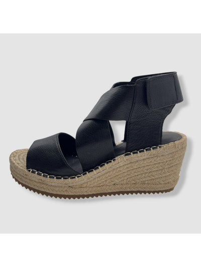 EILEEN FISHER Womens Black 1" Platform Crisscross Straps Sawtooth Sole Padded Willow Open Toe Wedge Leather Espadrille Shoes 10 M