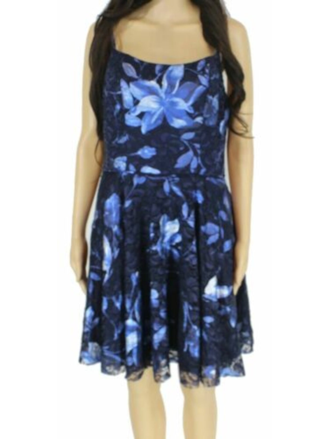 BLONDIE NITES Womens Blue Zippered Floral Spaghetti Strap Scoop Neck Short Party Fit + Flare Dress 13