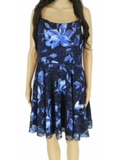 BLONDIE Womens Navy Zippered Floral Spaghetti Strap Scoop Neck Short Party Fit + Flare Dress 5