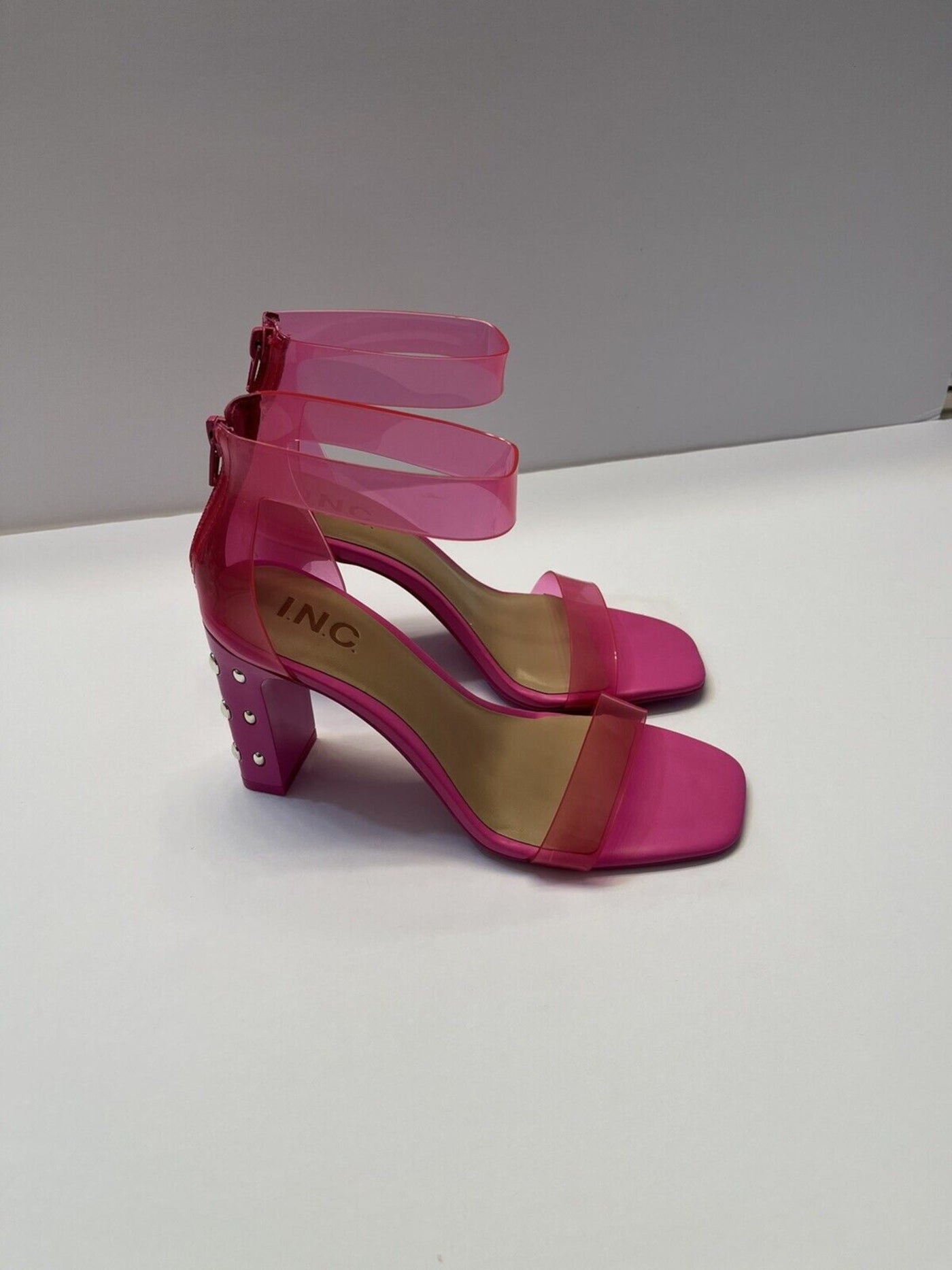 INC Womens Pink Studded Transparent Ankle Strap Cushioned Makenna Square Toe Block Heel Zip-Up Dress Heeled Sandal 9 M