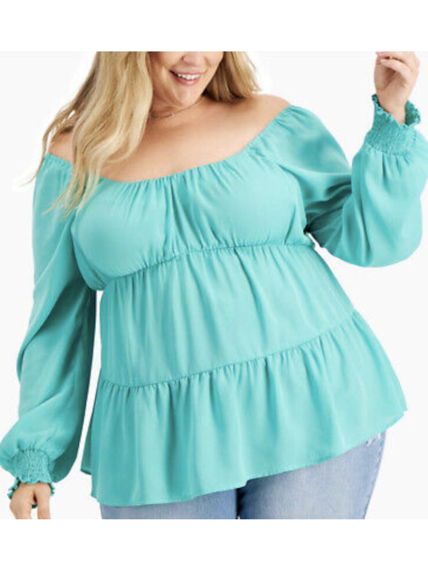 KISS & TELL Womens Turquoise Smocked Tiered Long Sleeve Off Shoulder Party Top Plus 2X