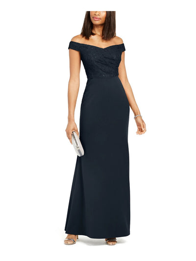 ADRIANNA PAPELL Womens Navy Lace Zippered Off Shoulder Full-Length Formal Dress 6